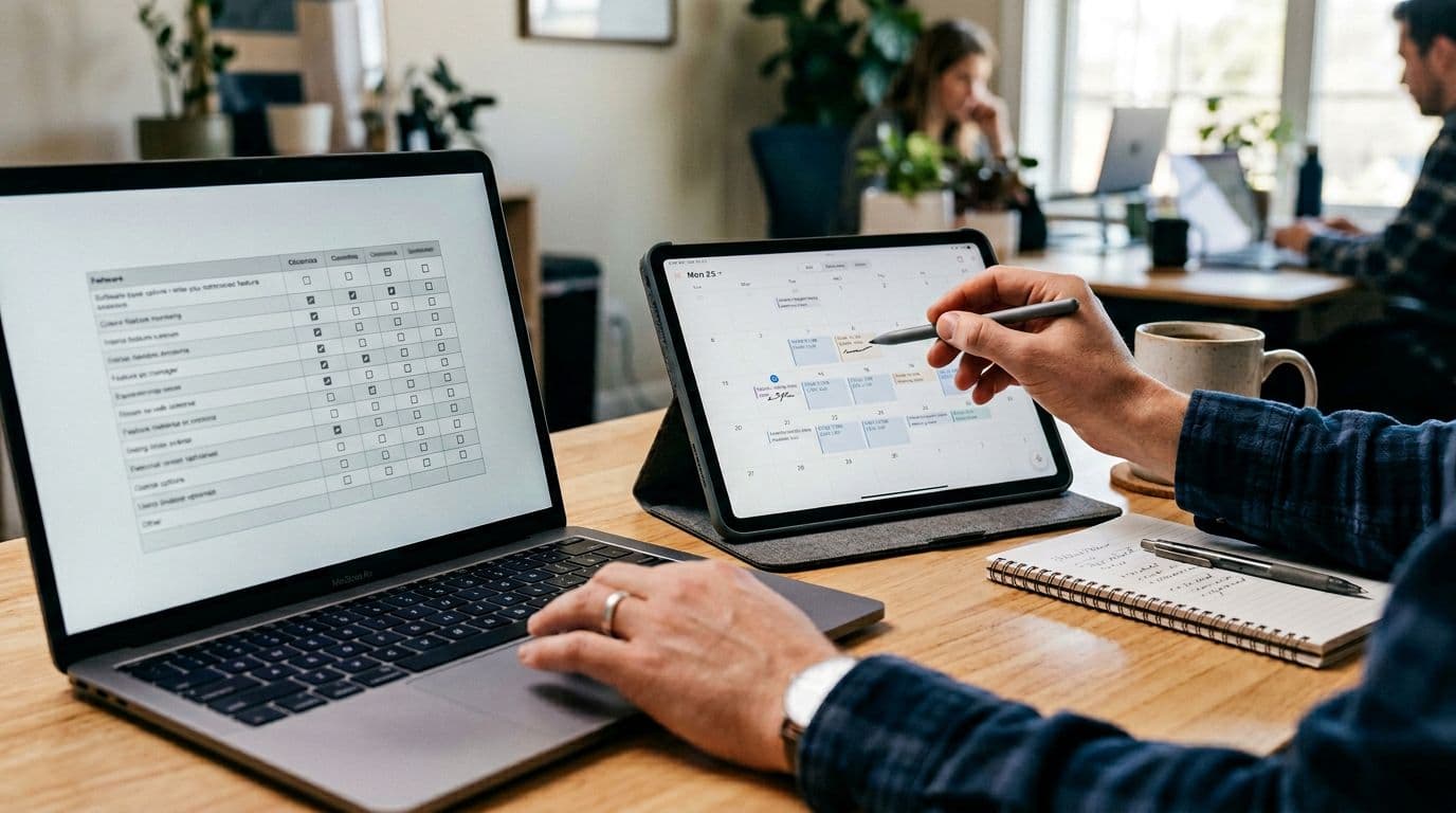 Close-up of two hands in a clean professional workspace comparing software on a laptop displaying a feature checklist and a tablet showing a calendar, with coffee cup and notepad nearby.