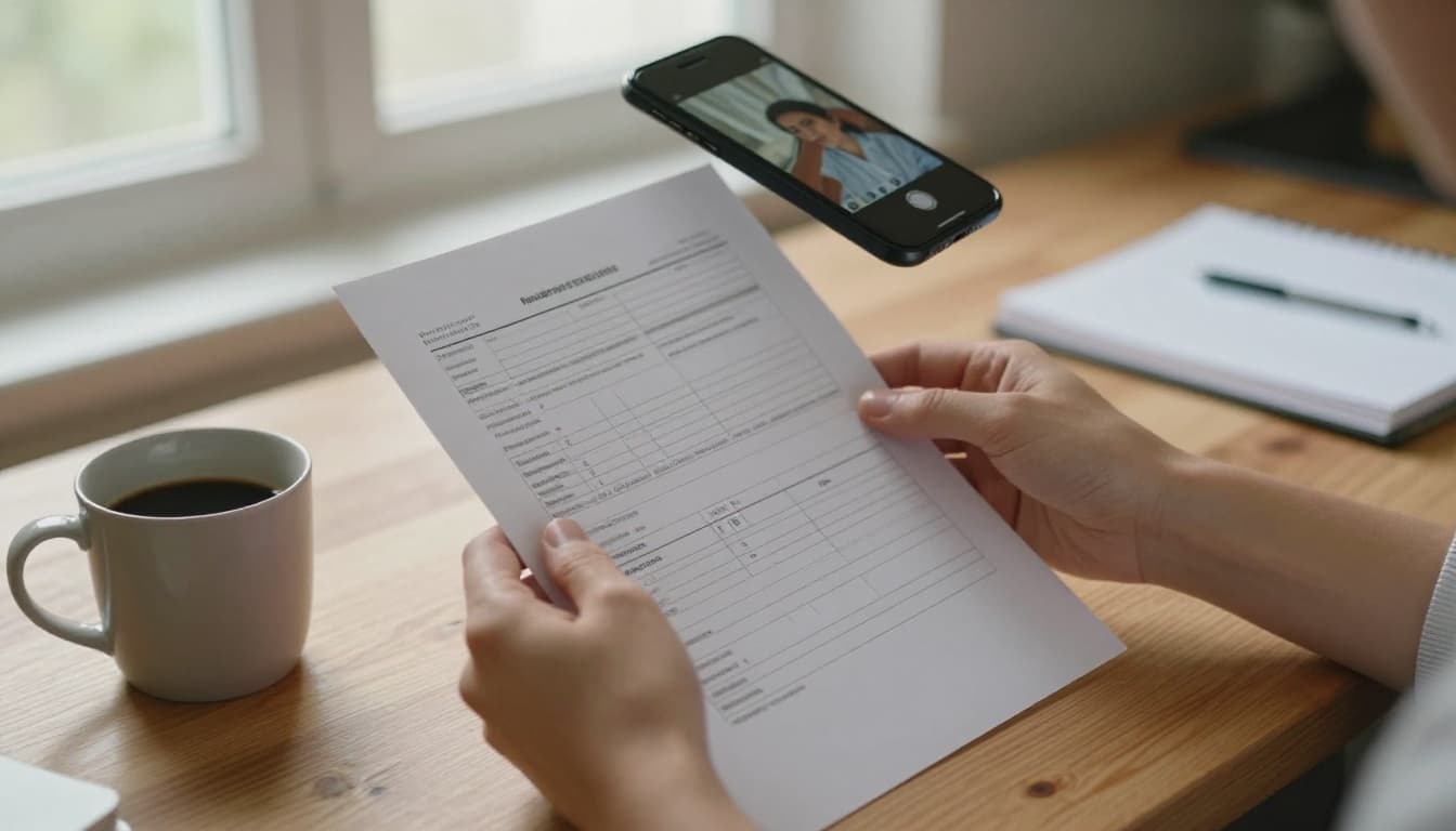 Close-up view of hands holding a printed medical lab report on a wooden kitchen table, smartphone above capturing the photo, soft natural light, coffee mug and notebook nearby, realistic style.