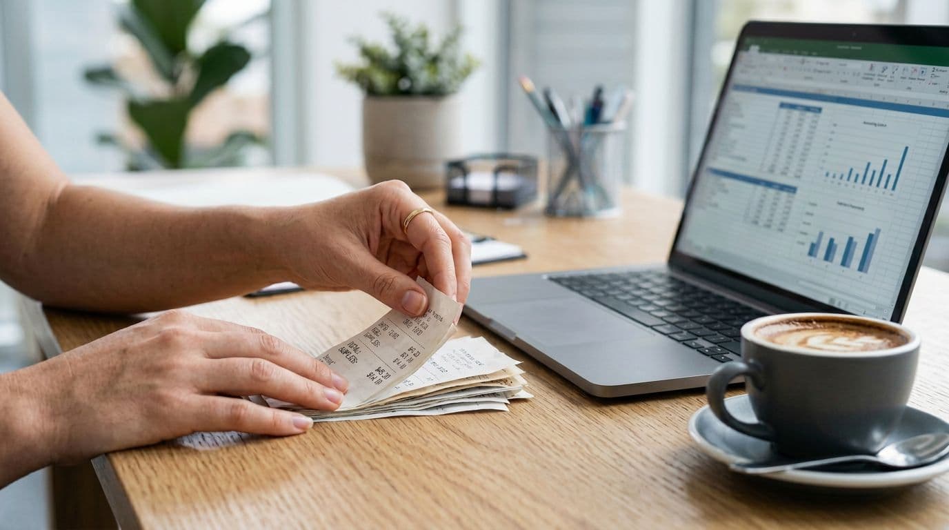 Close-up of hands sorting a small stack of receipts next to a laptop and coffee, with subtle AI automation cues like circuit reflections and a clean minimal background in neutral tones. Photo-realistic image with professional small-business accounting vibe, shallow depth of field.