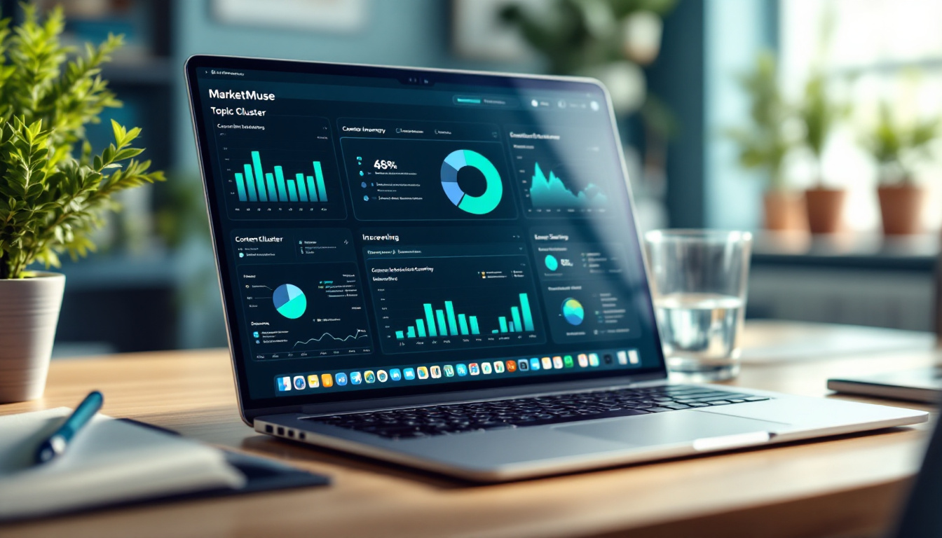 A modern, high-tech marketing dashboard with AI-powered topic cluster charts, content inventory, and brief scoring, reflecting the MarketMuse approach. Image created with AI.
