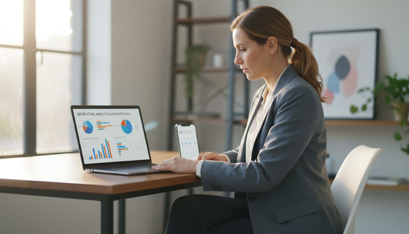 Photo-realistic scene in a modern home office featuring one professional woman in business casual attire reviewing a blurred recruiting analytics dashboard on her laptop, with charts and candidate metrics, phone notifications nearby, and natural afternoon light.