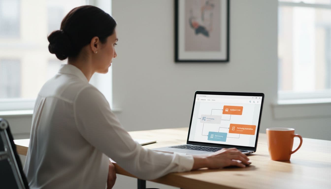 Photo-realistic image of a business professional at a clean office desk integrating an AI tool with HubSpot workflow, laptop showing generic dashboard with AI nodes, orange coffee mug nearby, natural daylight, shallow depth of field.