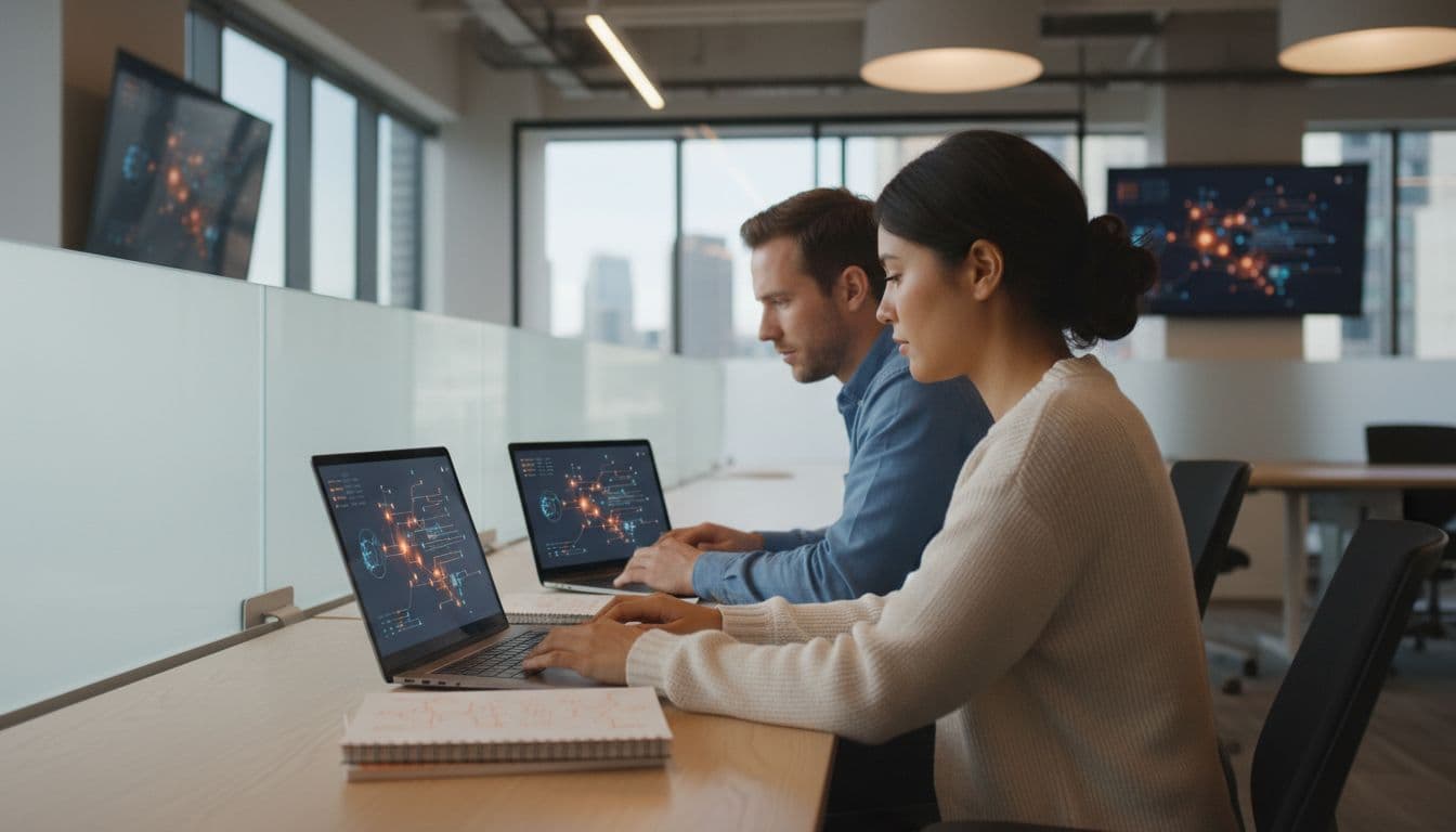 Photo-realistic depiction of a two-person HubSpot sales team—one male and one female—in a modern office, intently reviewing CRM dashboards on laptops with subtle abstract glow nodes representing AI insights, featuring natural colors, clean lighting, and shallow depth of field.