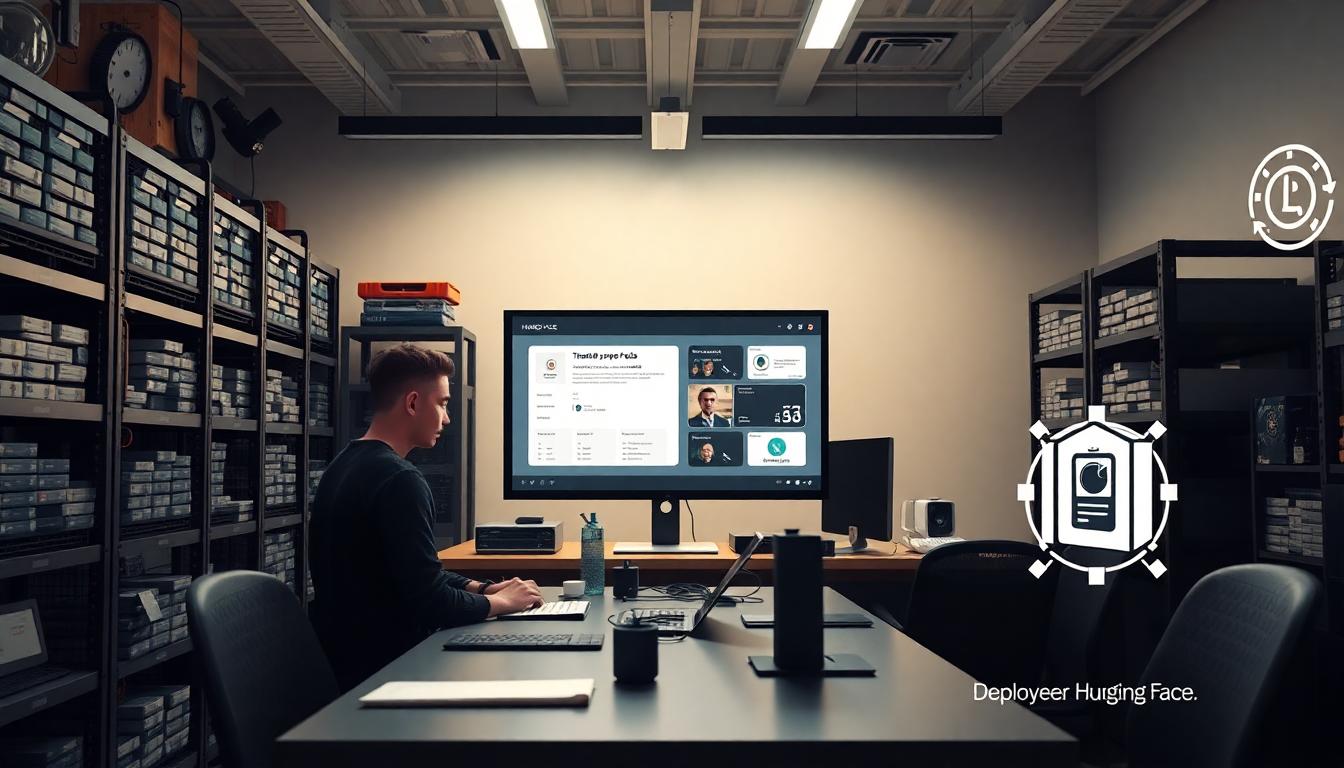 Photorealistic image showing the Hugging Face ecosystem beyond transformers: a modern tech lab with people collaborating around vision models, speech apps, and multi-modal AI. Visuals include a model card on a screen, datasets on racks, and a deployment API icon. Bright, clean lighting, high detail, cinematic color grading.