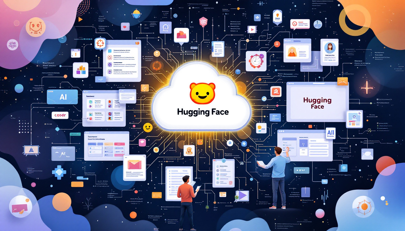 A vibrant photorealistic collage showing Hugging Face’s ecosystem—developers collaborate around datasets, transformers, pipelines, and notebooks, conveying a dynamic community.