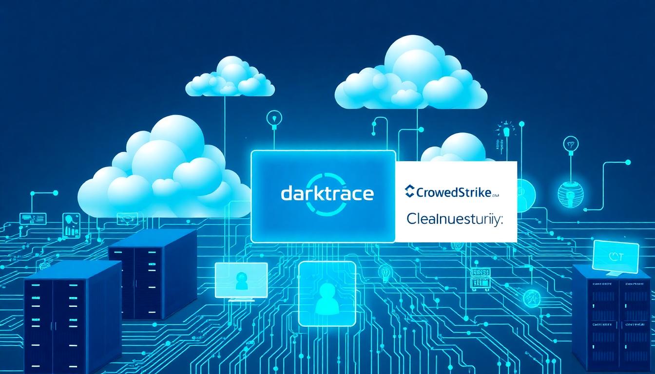 Photorealistic montage of a hybrid IT environment with public clouds, private data centers, IoT devices, and a unified security dashboard. Darktrace and CrowdStrike logos represented as distinct security layers. Image created with AI.