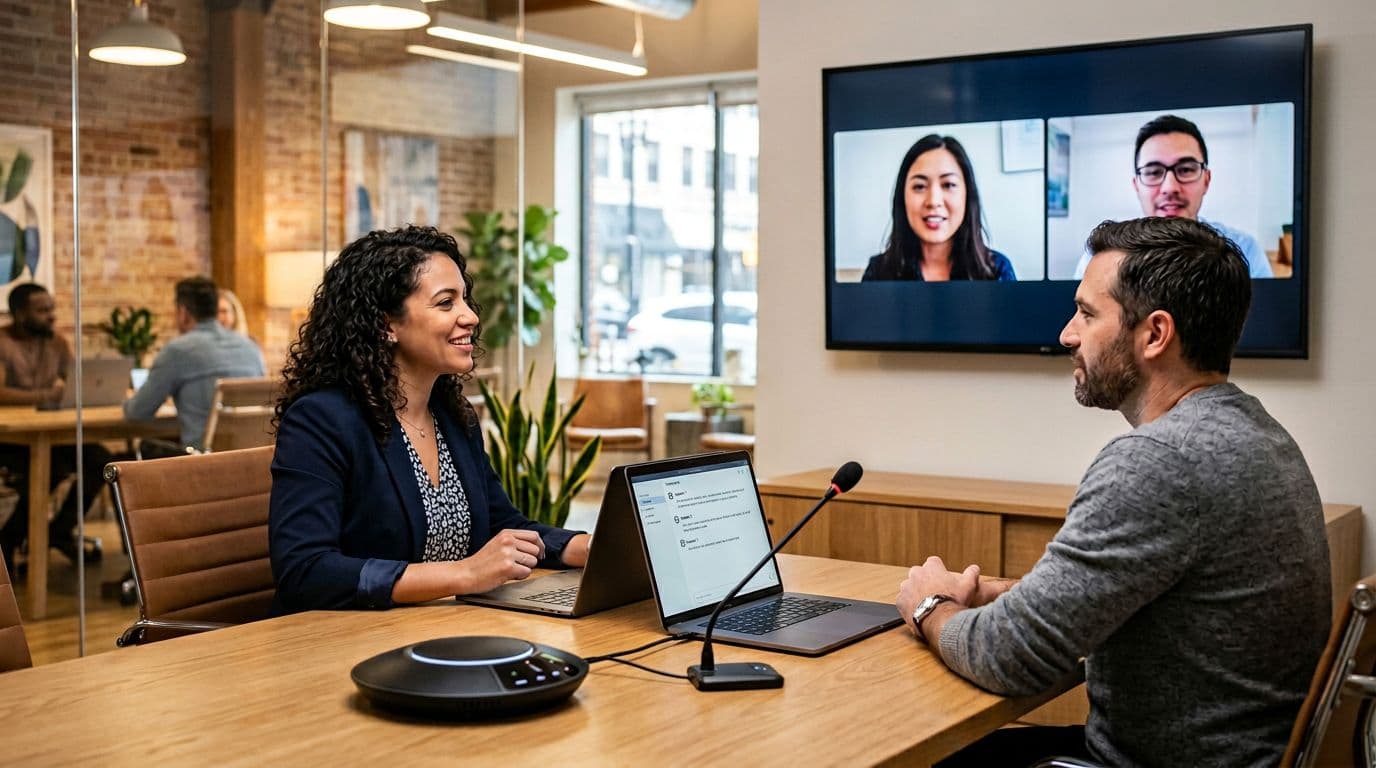 Photo-realistic split scene in a bright modern US office: two people in-person and two on a large wall video call display, with desk microphone for noise cancellation, speakerphone, and laptop showing unreadable transcript panel.