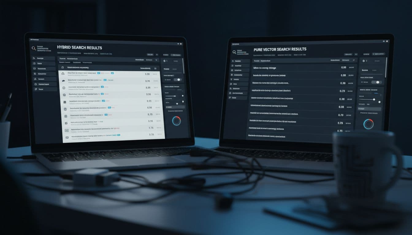 Close-up view of two side-by-side laptop screens comparing hybrid search results blended with semantic matches against pure vector similarity scores in a vector database interface. Dim room illuminated by blue ambient light, with cables and a coffee mug in the foreground, featuring highly detailed UI elements and realistic screen reflections.