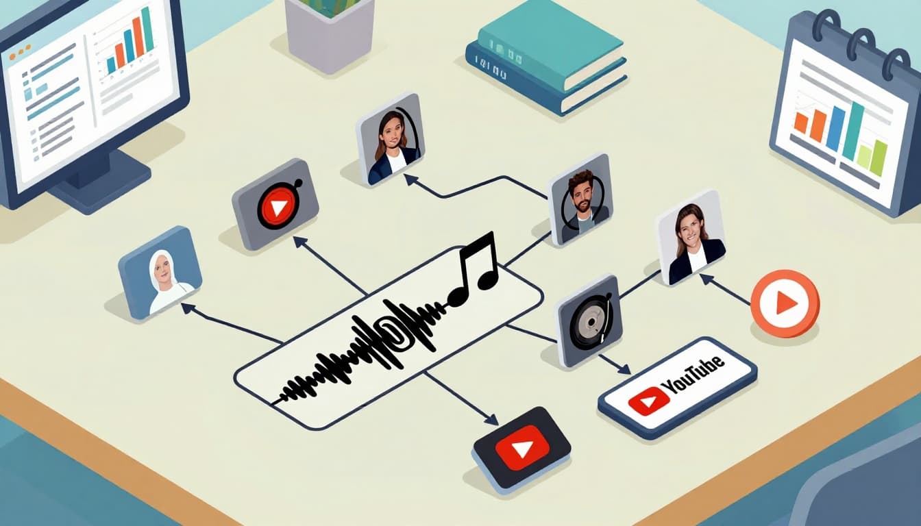 Workflow diagram visualized as a creative desk with multiple audio files spreading out from one central music track idea, shown as waveforms branching into shorts, podcasts, ads, and YouTube versions, surrounded by calendar, analytics charts, and publishing icons.