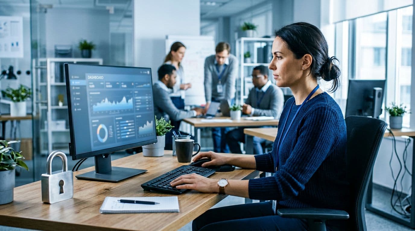 A small IT admin professional at a workstation reviews settings on a blurred generic dashboard, with a blurred team of 3-4 in the background and subtle security lock decor.