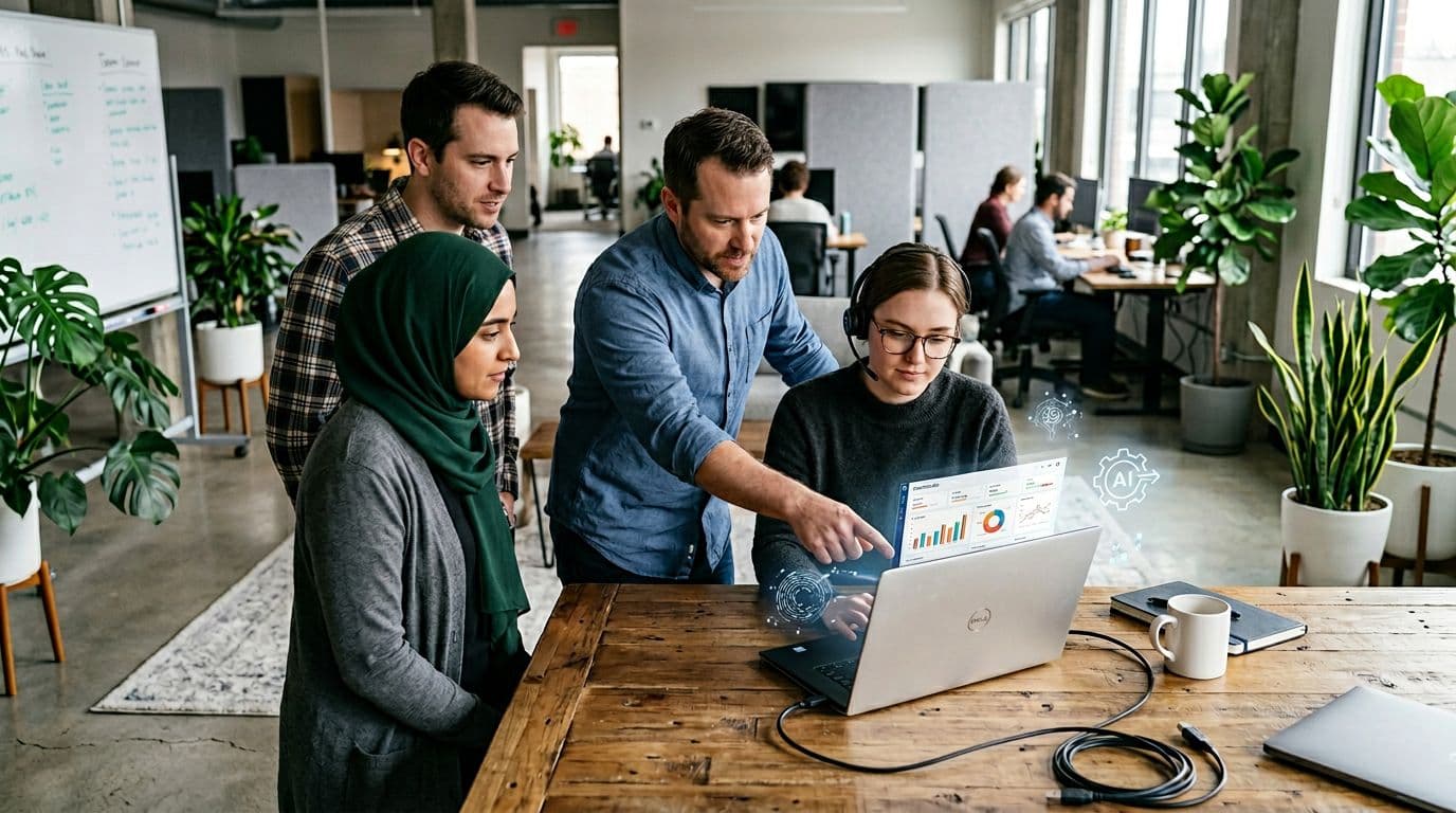 A team of four IT help desk professionals in a modern small-business office collaboratively reviews a laptop dashboard featuring anonymized charts and subtle holographic AI icons.