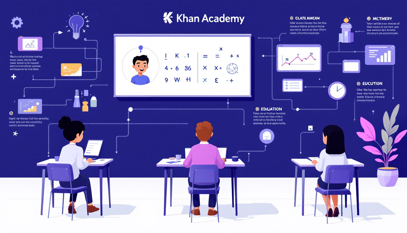 Khanmigo AI Educational Infographic: Friendly AI tutor guiding students, with data flows and the Khan Academy logo. Bright, professional. Image created with AI