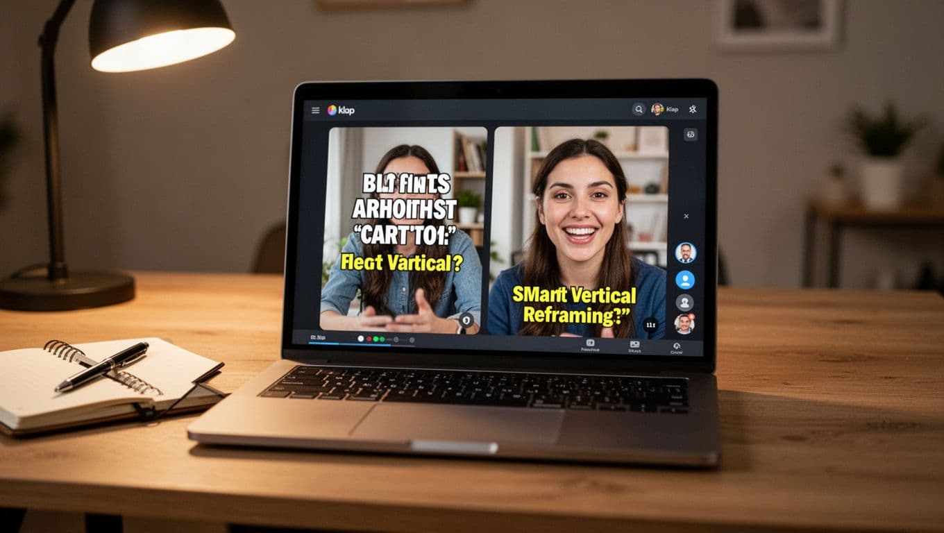 Photorealistic landscape image of a laptop screen displaying Klap app with side-by-side vertical video clips showcasing caption styles like bold white text and animated yellow subtitles, plus smart face-tracking reframing. Cozy desk setup with notebook, pen, soft overhead lighting, wood textures, and screen glow, no people or watermarks.