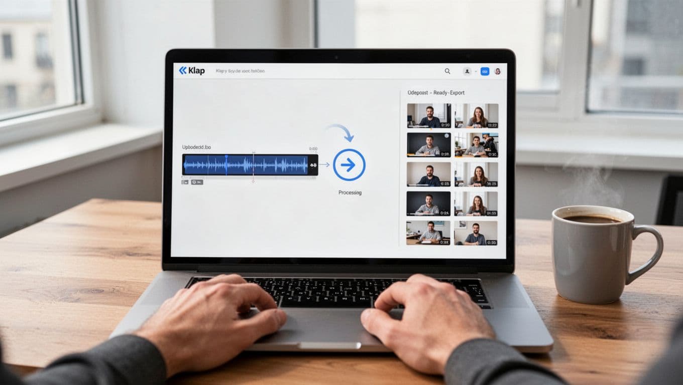 Photorealistic landscape of a modern wooden office desk with a single laptop displaying the Klap app interface: left side shows a horizontal tutorial video timeline uploading, center has a processing arrow, right side features eight vertical short clips thumbnails ready for export. Bright natural light, coffee mug nearby, relaxed hands on keyboard, sharp focus on screen.