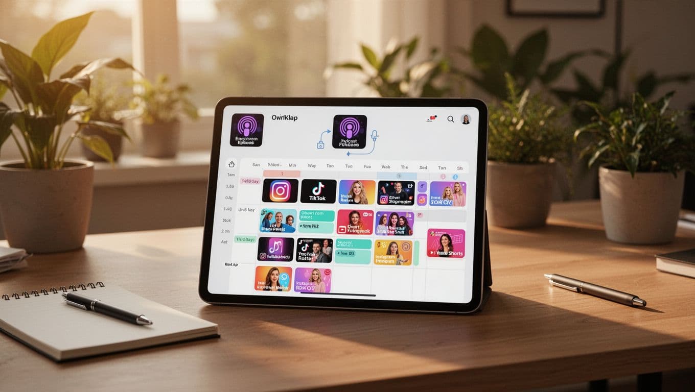 Photorealistic landscape view of a tablet on a home office desk showing a digital content calendar app integrated with Klap, featuring a podcast episode icon and a 14-day grid of scheduled short-form video posts for TikTok, Instagram Reels, and YouTube Shorts.