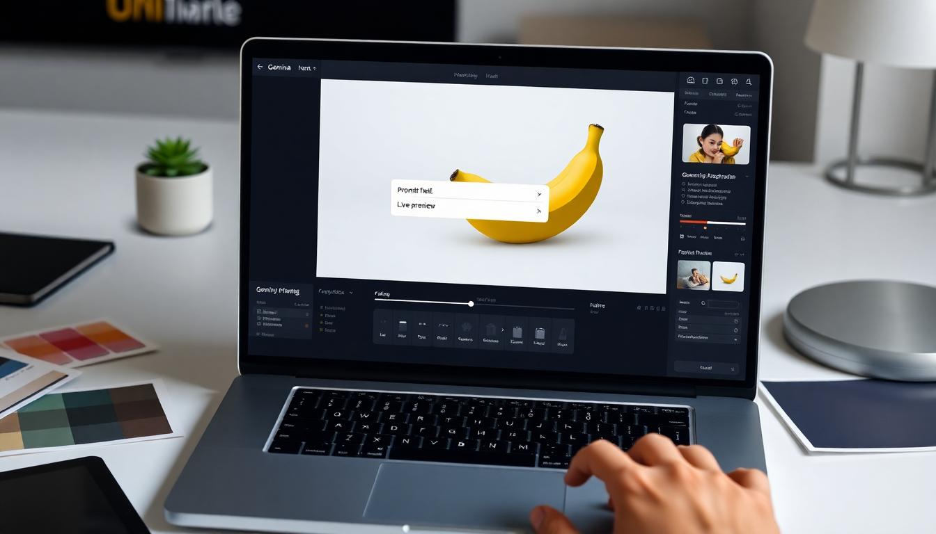 Photorealistic image of a laptop screen showing the Gemini Nano Banana image editing interface with a prompt input field, live preview, and sliders on a clean desk. Image generated by AI.