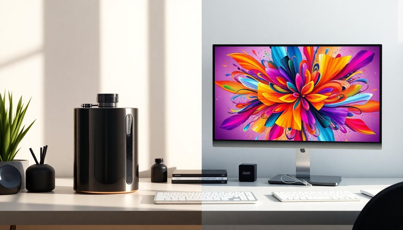 Photorealistic split-screen image showing Leonardo AI generating a photorealistic product shot on the left and Midjourney producing a vibrant abstract artwork on the right, clean desk, daylight, high detail, cinematic lighting. Image created with AI.