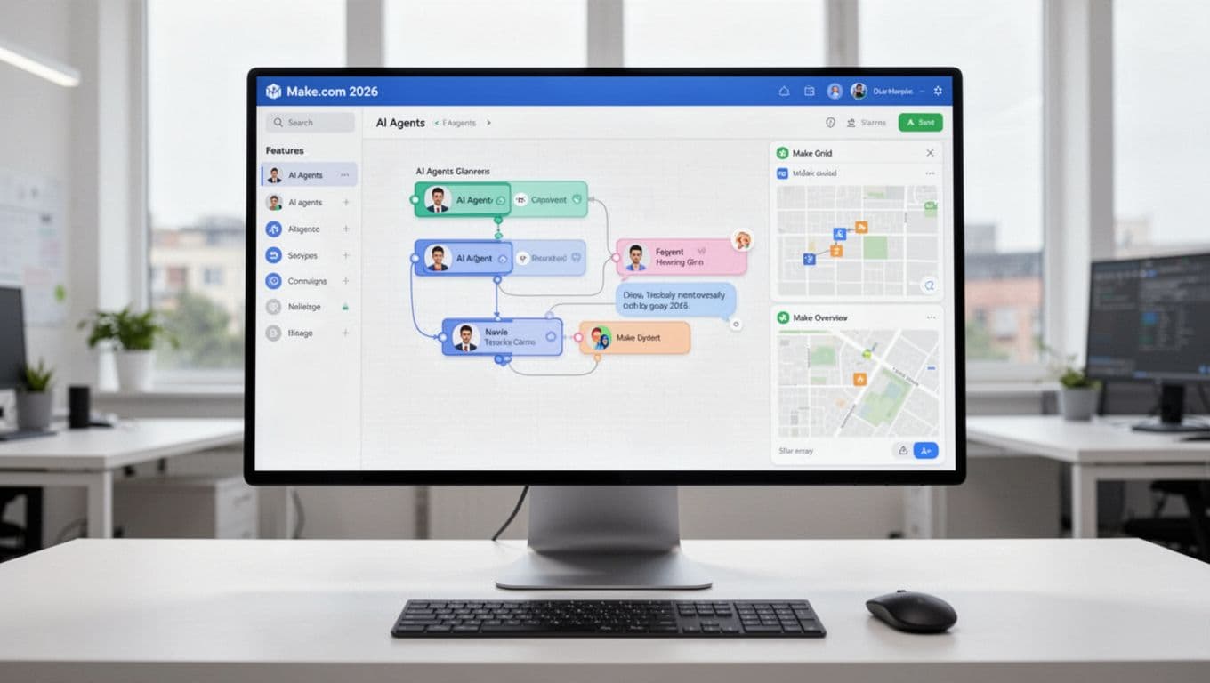 Photorealistic view of a single large monitor on a desk displaying Make.com 2026 AI features, including AI agent blocks on canvas, reasoning panel sidebar, in-canvas chat bubble, and Make Grid overview map, with keyboard and mouse nearby in bright office lighting.