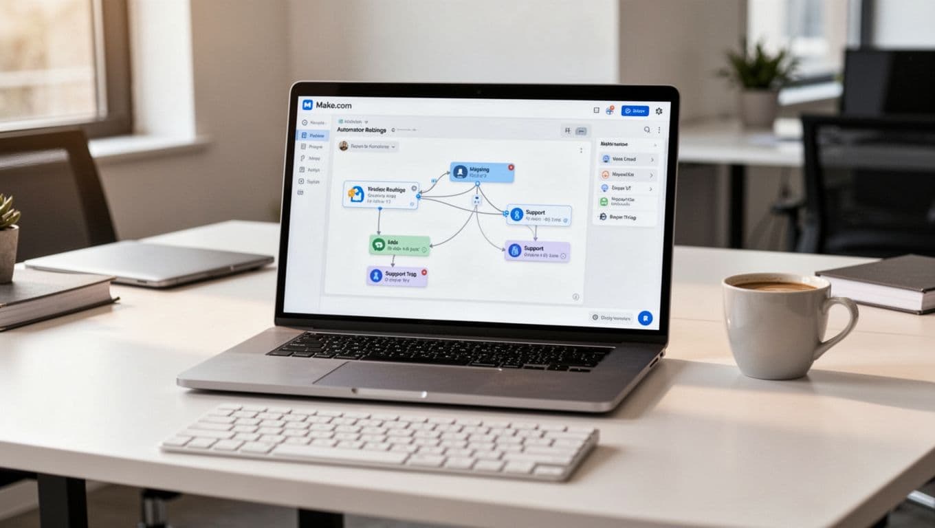 Photorealistic laptop on a modern office desk displaying a Make.com workflow canvas for business automations like lead routing and support triage, with connected modules visible, keyboard and coffee nearby, under soft natural light.
