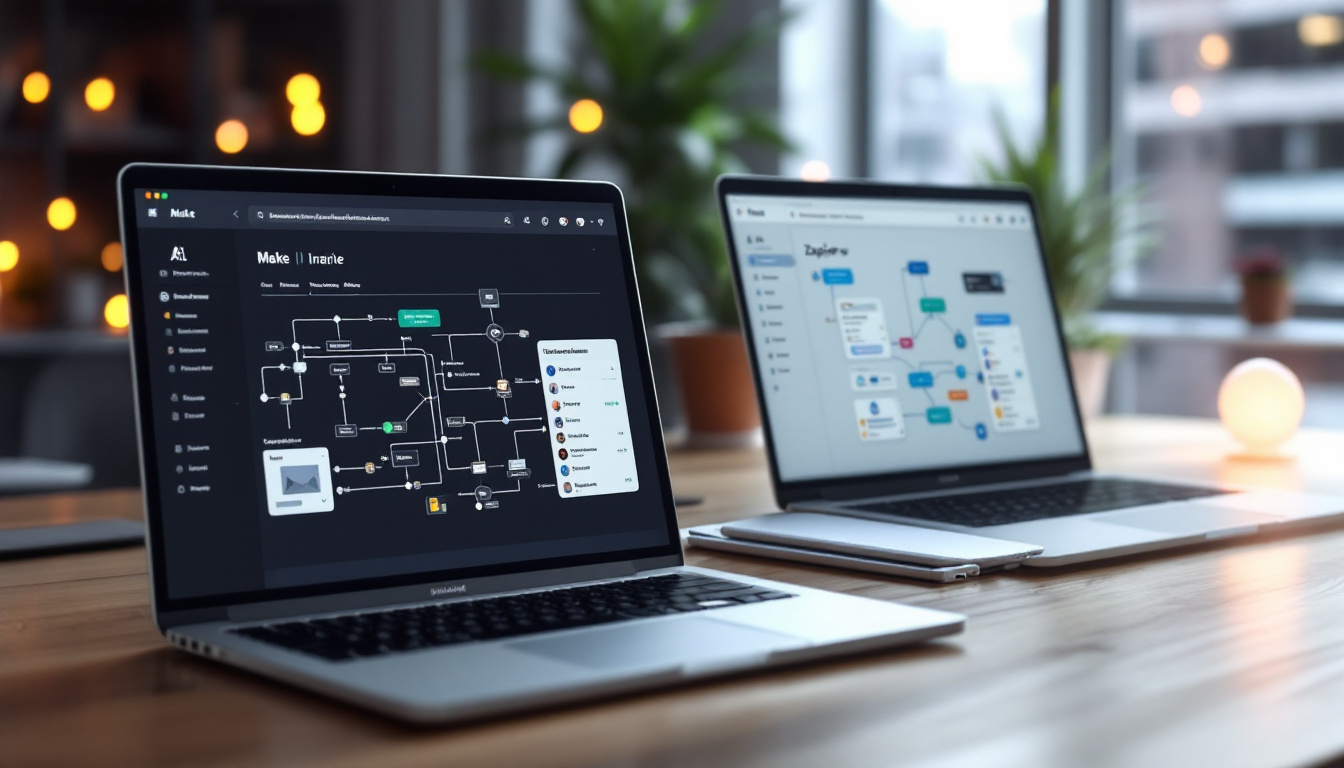 Two laptops side by side showing complex and simple automation flows