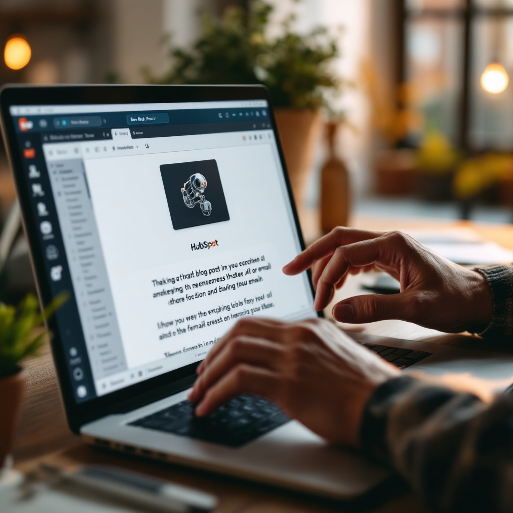 Close-up of a marketer refining an AI-generated blog post and sales email with HubSpot Breeze, realistic style. Image created with AI.