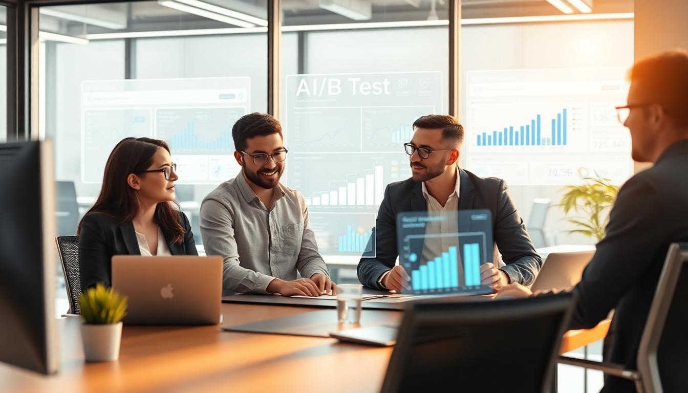 Photorealistic office scene showing a marketing team collaborating on AI-driven A/B test dashboards, with holographic charts and dashboards, modern workspace, warm daylight, subtle glow of data visualizations. Image created with AI.