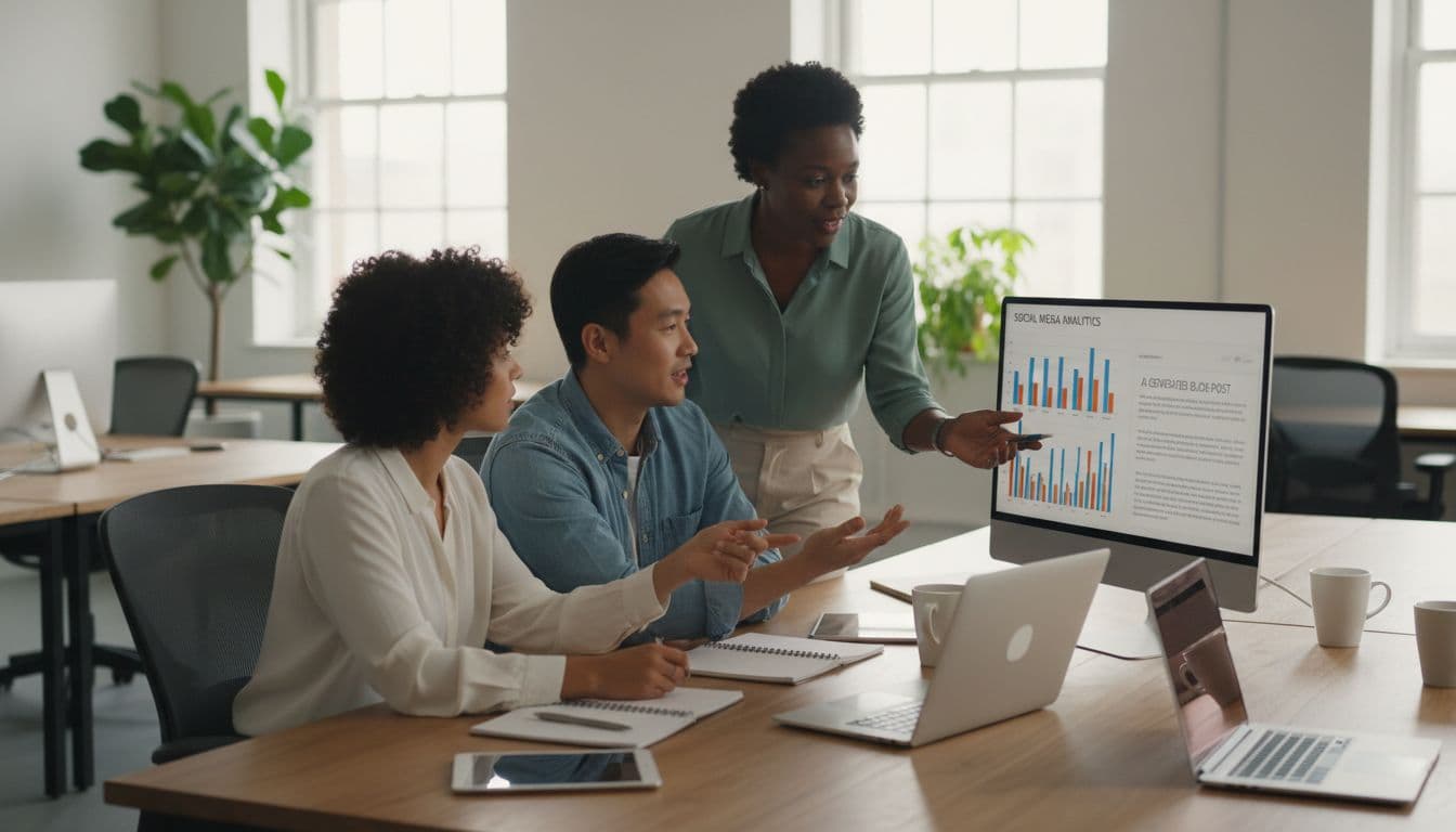 Photorealistic scene of three diverse marketing professionals in a modern open office, gathered around a shared screen reviewing AI-generated blog posts and social media analytics charts, collaborative and relaxed atmosphere.