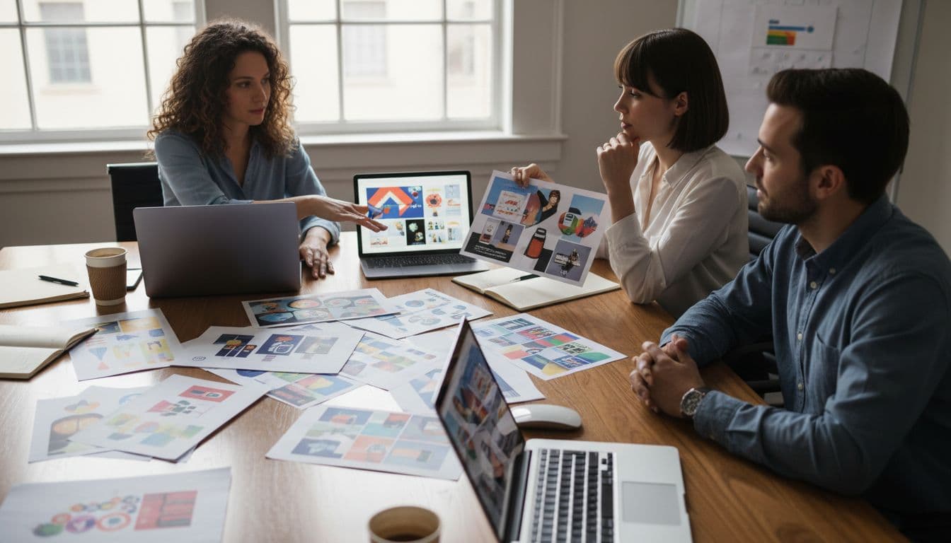 Photo-realistic scene of a small marketing team of three in a conference room evaluating printed and digital AI-generated visuals for ads, email, and social campaigns on a table during collaborative discussion.