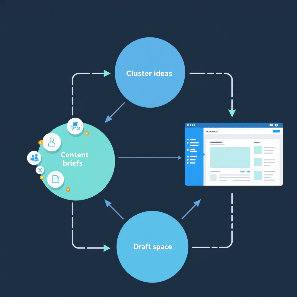 Illustration of a workflow with MarketMuse components: cluster ideas, content briefs, and drafting space. Confident, efficient design. Image created with AI.