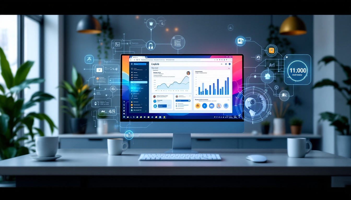 A productivity workspace featuring Microsoft Copilot AI embedded in Word, Excel, and PowerPoint, blending intuitive AI-powered features into a clean, modern user interface. Image created with AI.