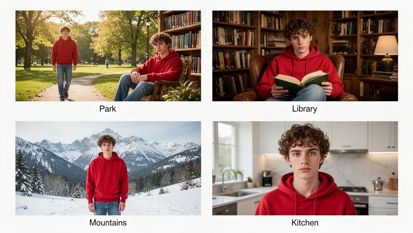 Photorealistic 2x2 grid demonstrating Midjourney V7 style consistency with a young man featuring curly brown hair, green eyes, red hoodie, and jeans across four scenes: sunny park, cozy library, snowy mountains, and modern kitchen.