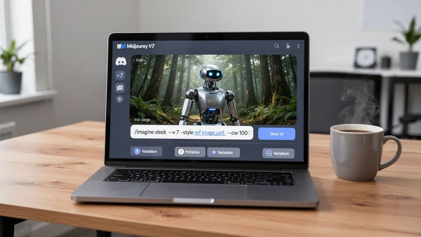 A realistic mockup of the Midjourney V7 interface shown on a laptop screen centered on a wooden desk with a coffee mug nearby, featuring a Discord-like chat window with a sample prompt for a sleek robot in a forest, generate buttons, and variation options.