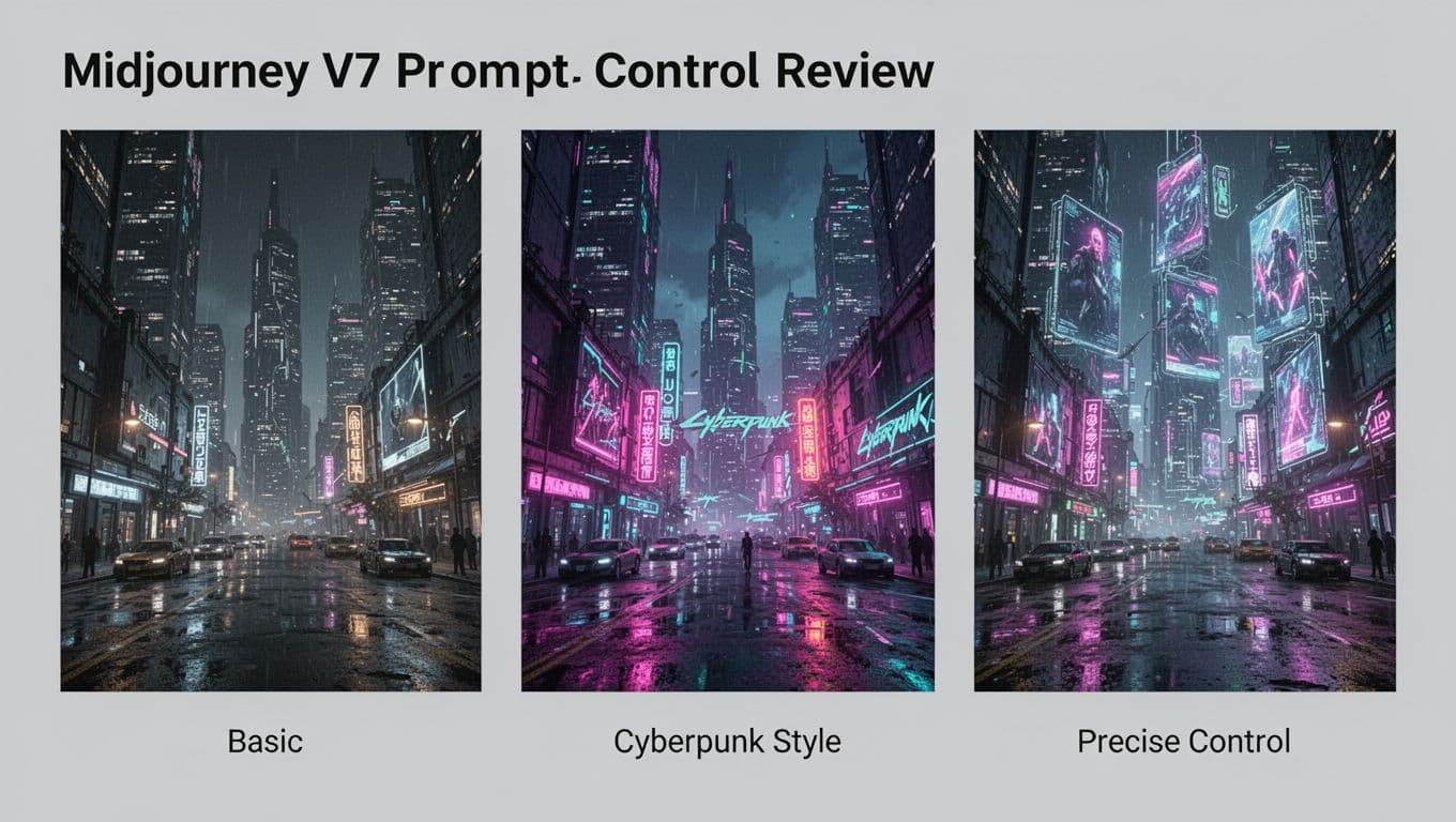 Side-by-side three-panel comparison for Midjourney V7 prompt control review featuring a nighttime futuristic cityscape: basic generic style (left), cyberpunk neon aesthetics with vibrant colors and wet streets (middle), and precise control with dramatic lighting and towering holograms (right). Clean modern UI on neutral gray background with subtle labels.