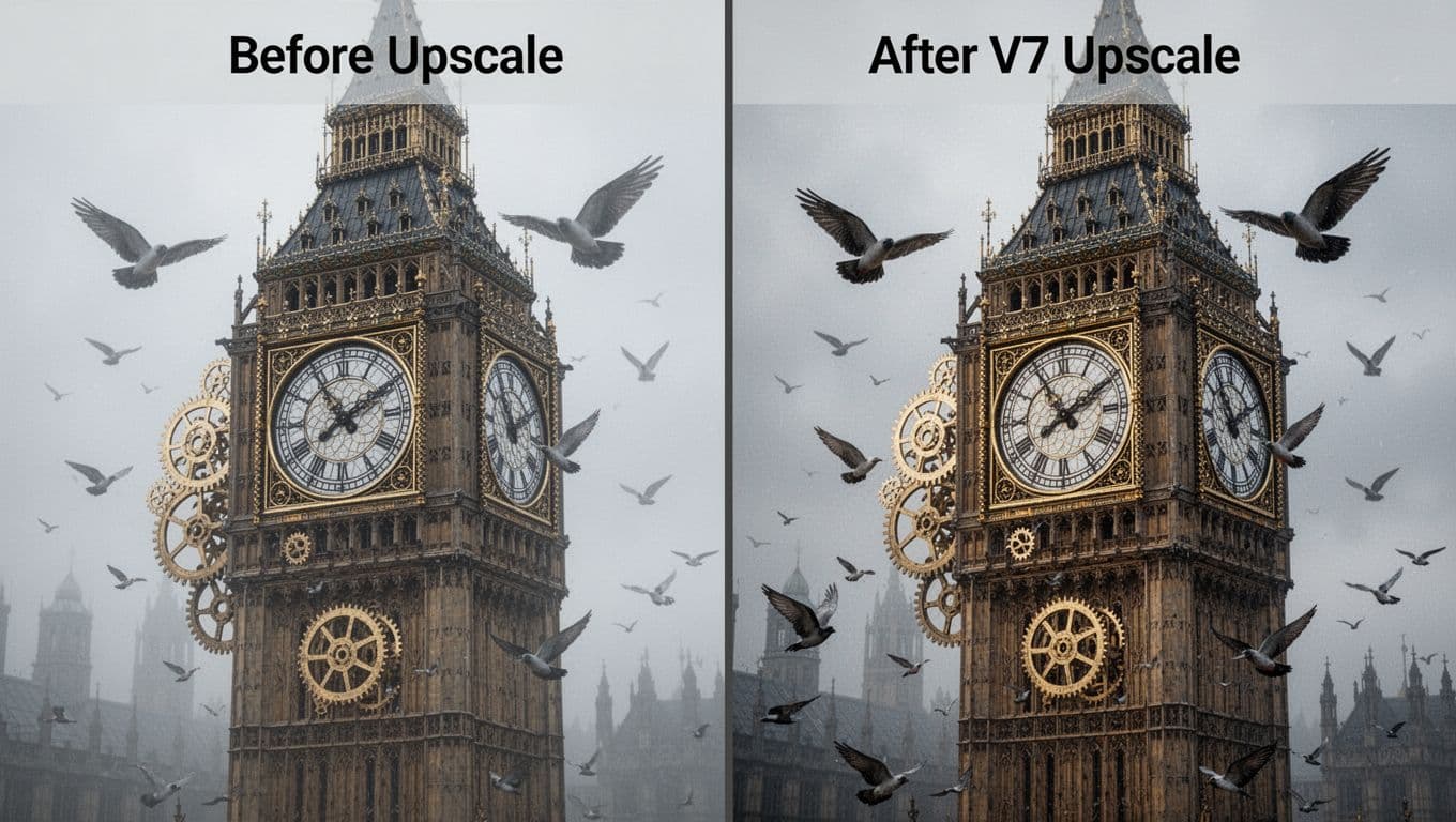 Split before-and-after image comparing low-res and high-res upscaled Victorian clock tower with intricate gears, birds, and foggy background, showcasing Midjourney V7's detail enhancement.