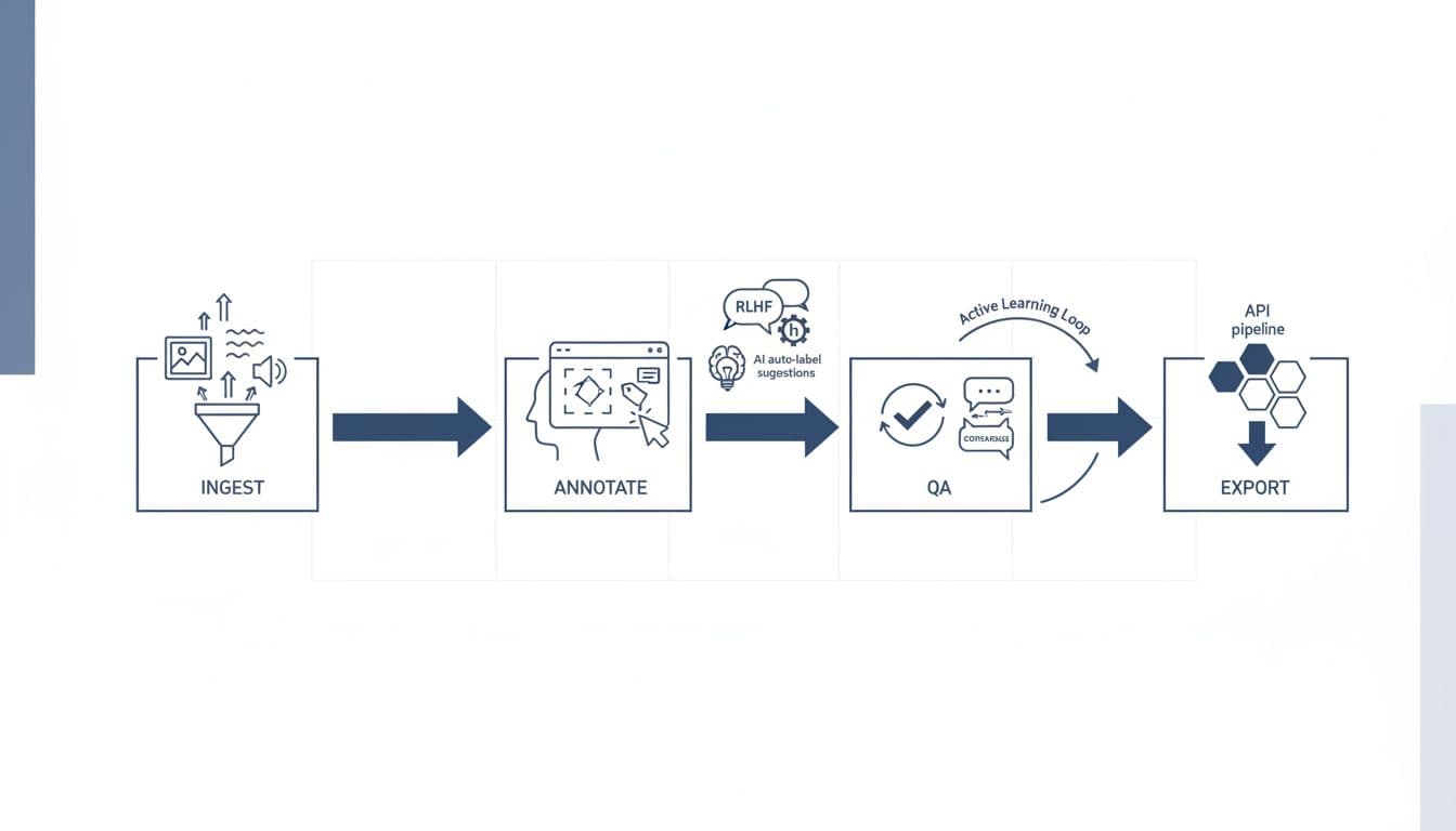 Minimalist illustration of an enterprise data labeling workflow with ingest, human-AI annotation, QA review, and export