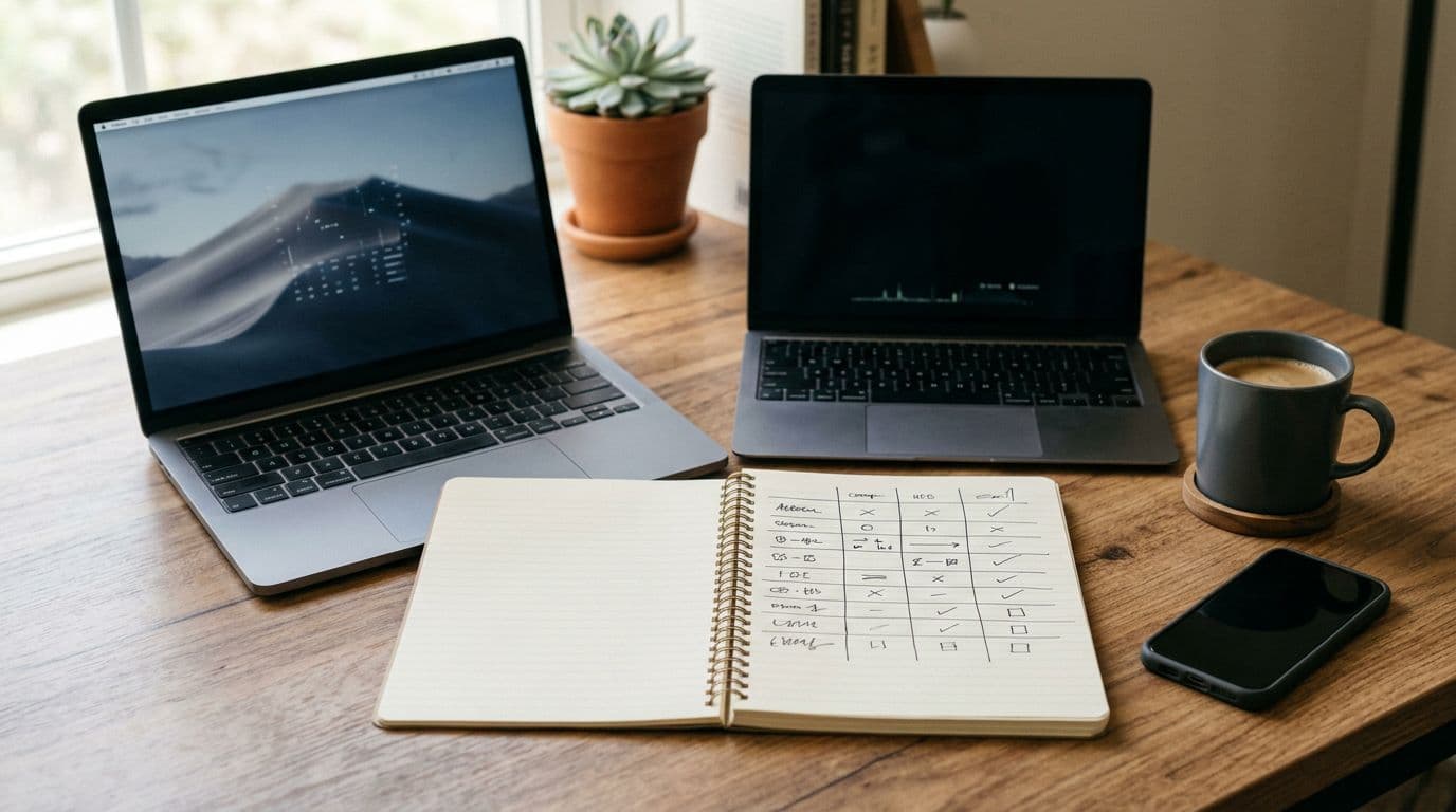 A close-up photo-realistic desk scene with two laptops side-by-side, a notebook featuring a hand-drawn comparison grid (no readable words), coffee mug, smartphone, soft daylight, and clean minimal aesthetic.