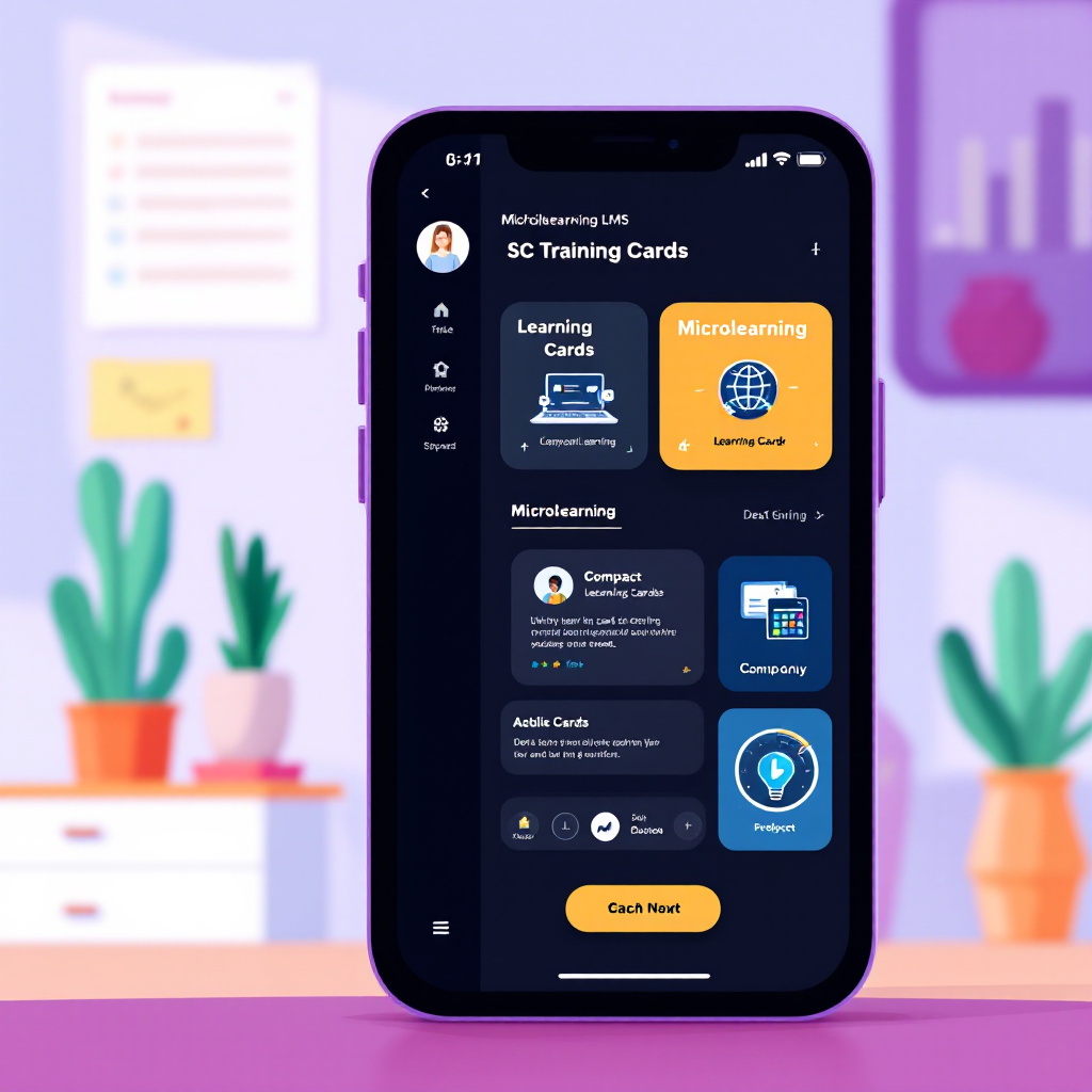 A modern illustration of a mobile-first LMS dashboard for SC Training, showing colorful microlearning cards on a smartphone held in an inviting office space. Image created with AI.
