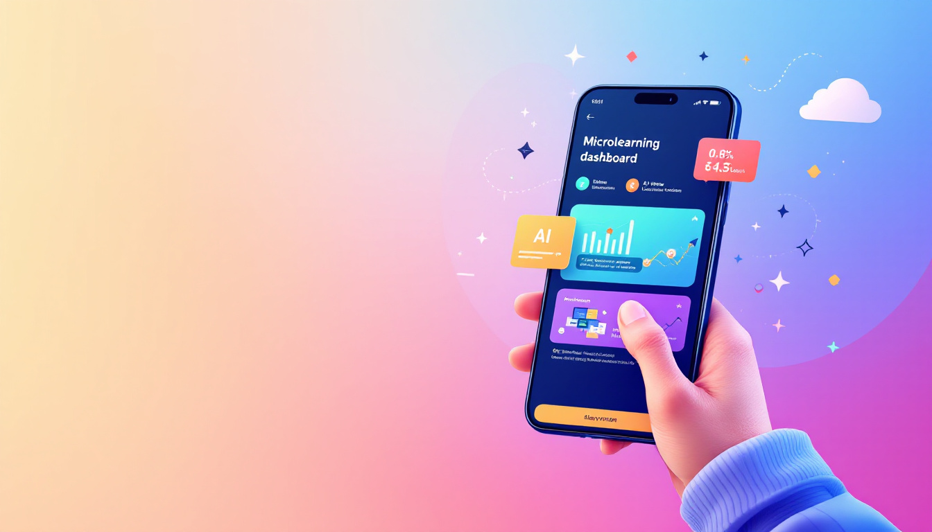 Illustration of a modern mobile interface for SC Training (EdApp), showing microlearning cards and easy navigation, bright and inviting colors. Image created with AI.