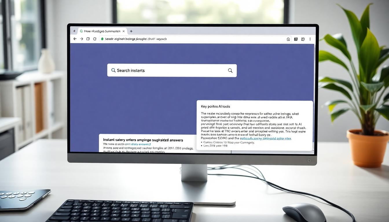 Modern AI-powered browser interface showing summarized answers in a clean sidebar within a bright office setting