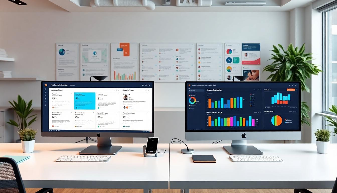 Modern workspace showing split-screen Copy.ai and Jasper dashboards, social campaign boards, and a collaborative office setting. Image created with AI.