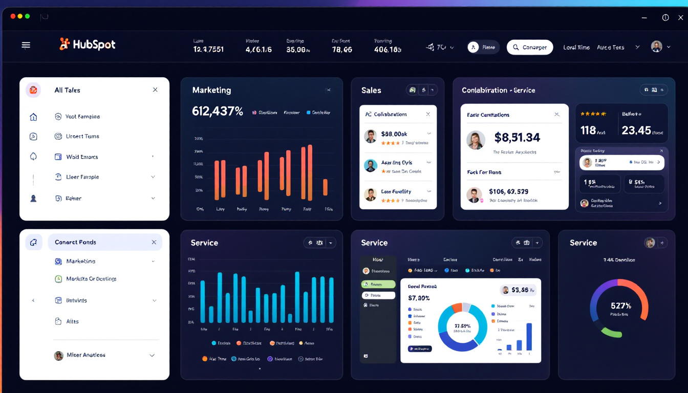 Modern HubSpot Breeze dashboard with analytics panels, agent settings, and workflow automations. Image created with AI.