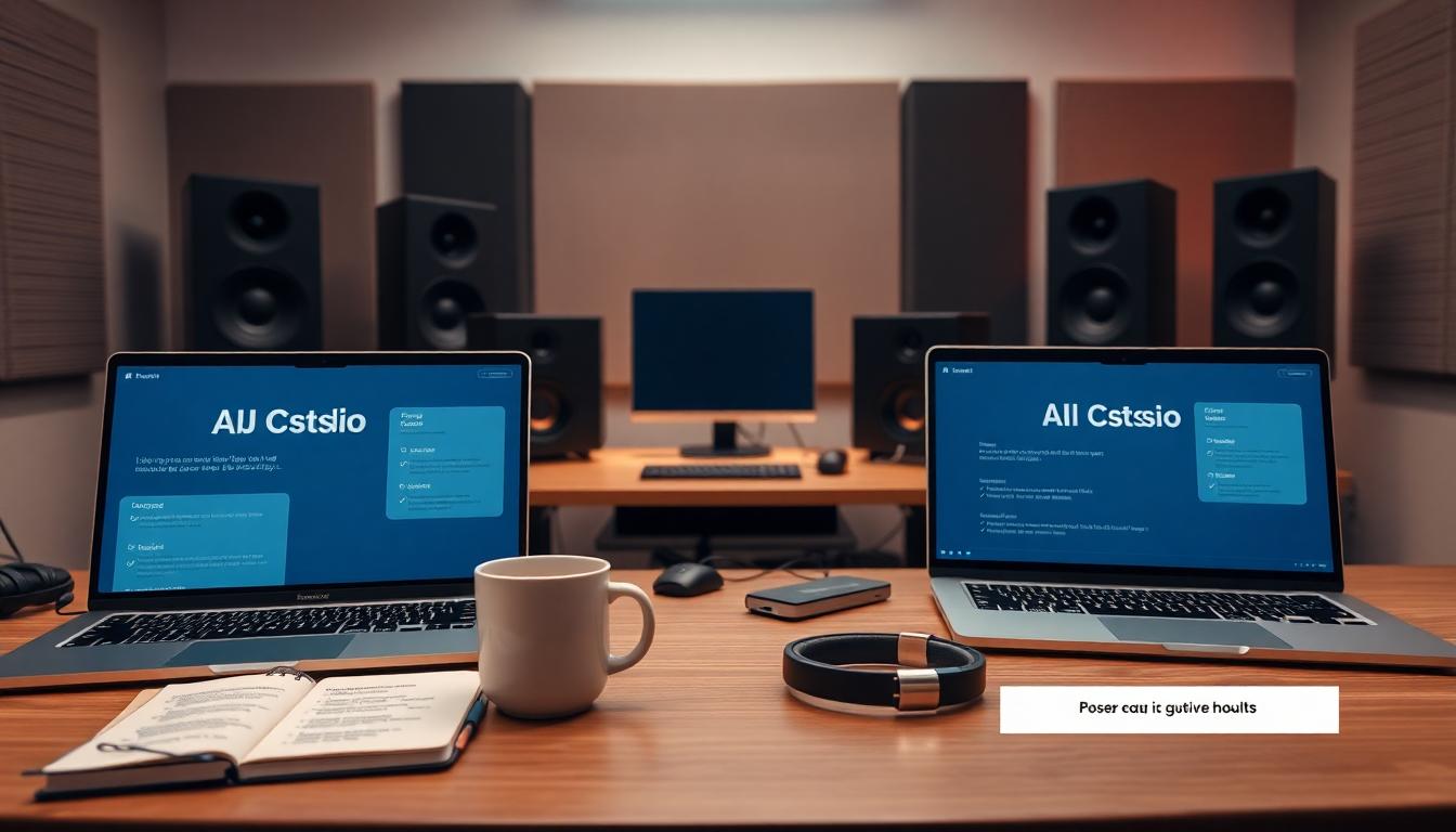 Photorealistic modern AI music studio desk setup: Two laptops with Udio and Suno interfaces, a notebook with checklists, headphones, warm lighting, and a clean pro workspace. Image created with AI.