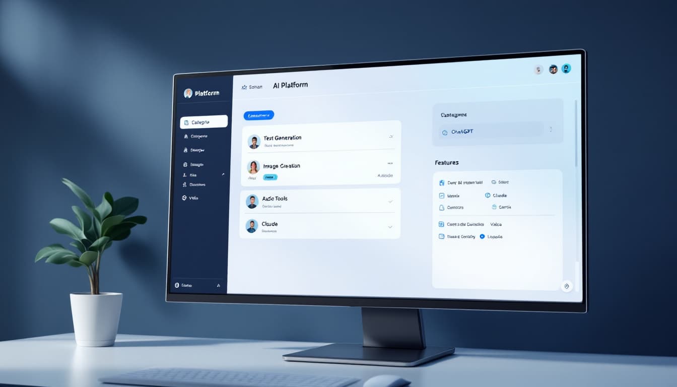 A clean, modern AI dashboard showing categories for text, image, audio, and video tools. Image created with AI.
