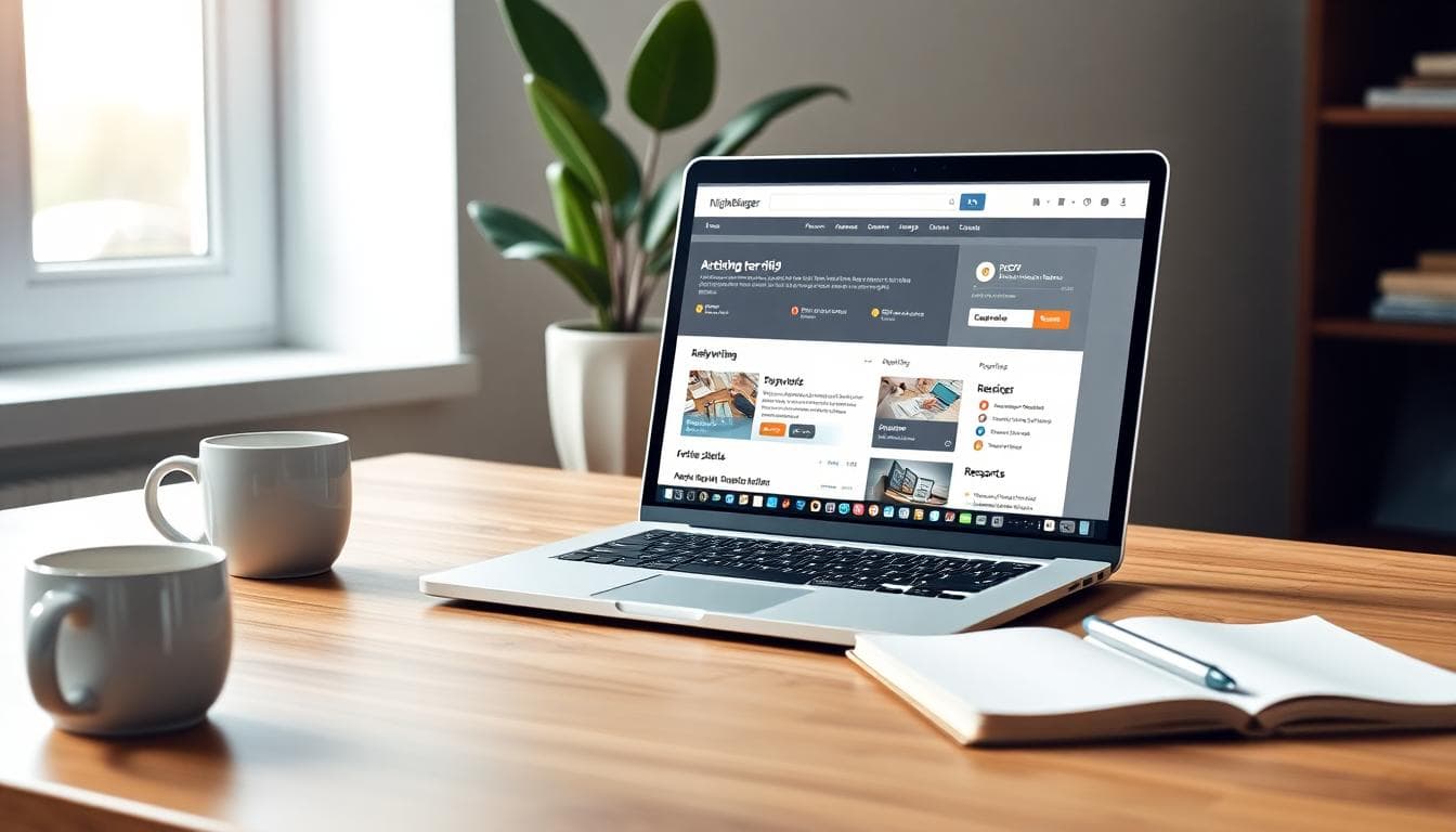 Photorealistic image of a modern blogger’s workspace with a laptop showing a dashboard for article writing, keyword research, and SEO reports. Clean desk with coffee, notebook, and soft window light. Image created with AI.