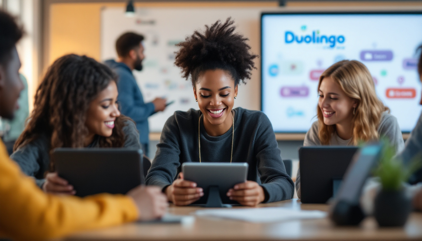 Modern classroom where students practice speaking with Duolingo Schools on tablets, guided by a teacher. Students are seen using microphones for pronunciation practice, and a digital whiteboard displays language icons and Duolingo branding. The mood is energetic and purposeful. Image created with AI.