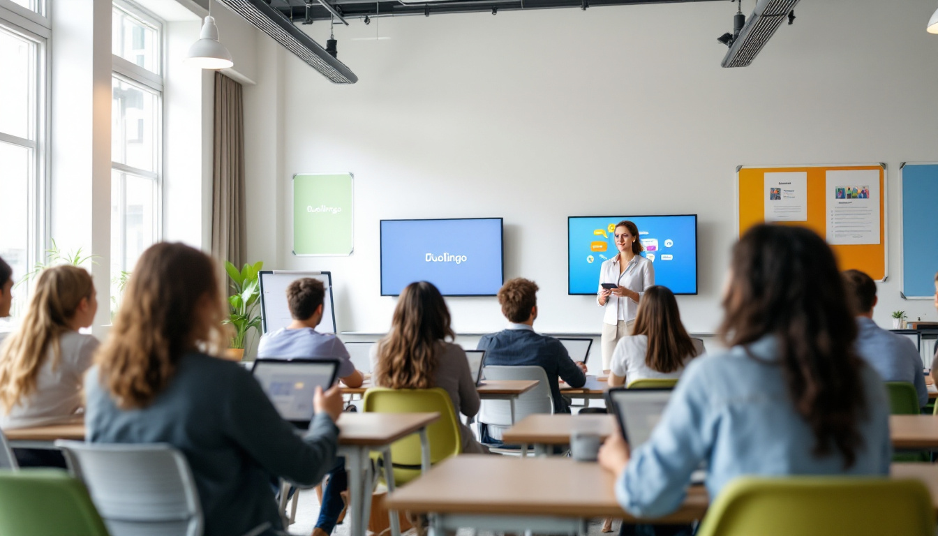 A contemporary classroom with students learning languages on tablets and laptops, Duolingo branding visible, a teacher guiding discussions. The classroom is bright, energetic, and inviting. Image created with AI.