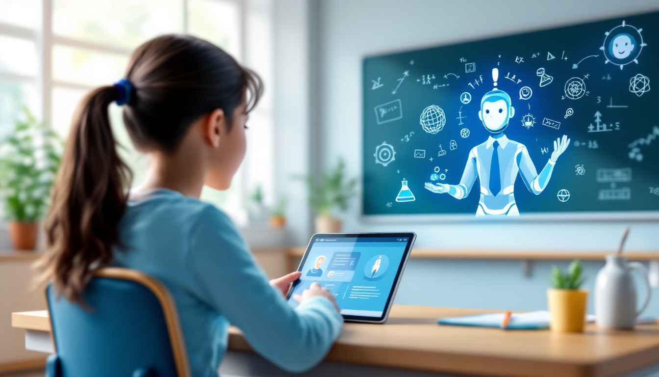 A student in a classroom interacts with Khanmigo AI on a tablet, with a friendly digital tutor and educational icons. Image created with AI.