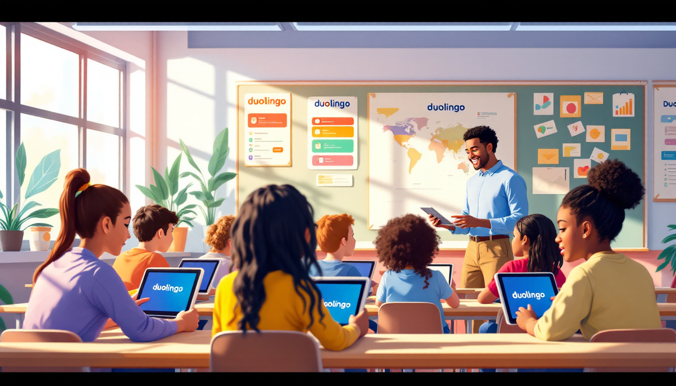 A modern classroom with students using tablets, Duolingo branding visible, and a teacher guiding them. The scene is energetic and welcoming, created with AI.