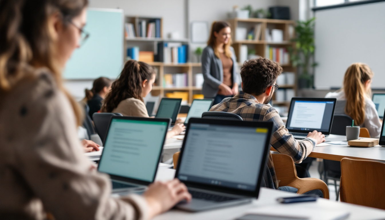A bright, real classroom where students use laptops with Grammarly’s writing interface displayed—showing text suggestions and revision highlights. Teacher assists a student. Scene is collaborative and focused. Image created with AI.