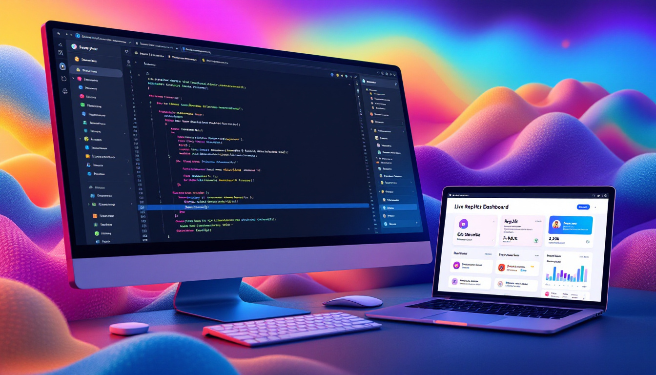 A modern browser-based IDE workspace showing live collaboration, Replit’s Ghostwriter AI assistant, and a detailed project dashboard. Image created with AI.